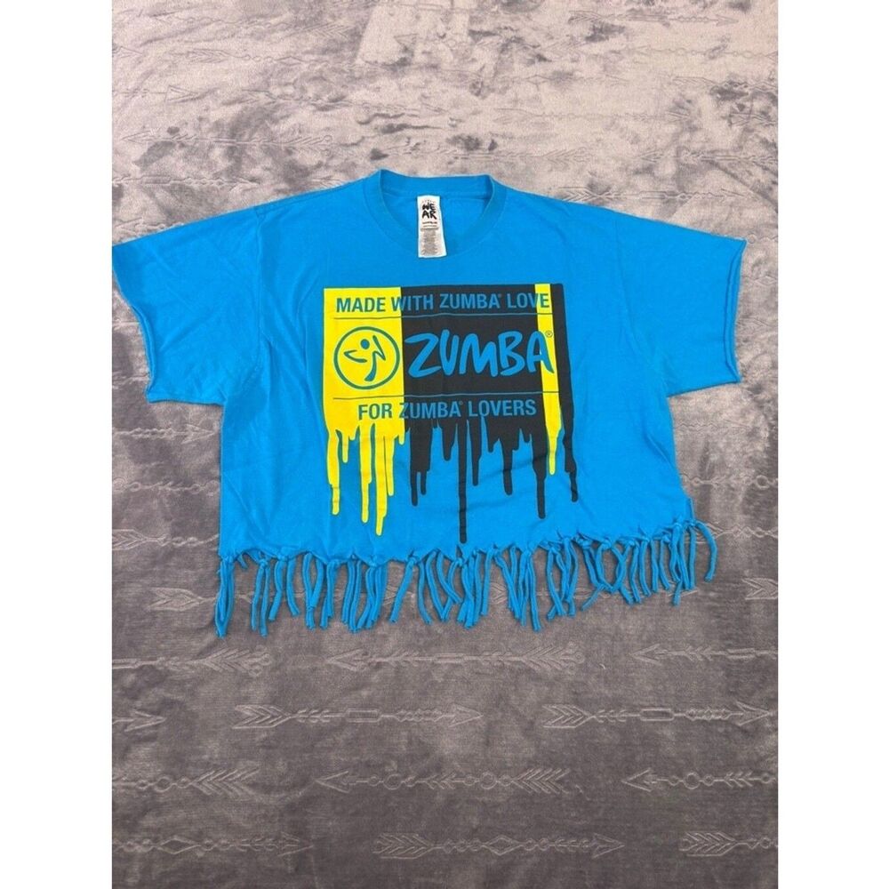 Blue Boho Fringe Crop Top - Women's Zumba T-Shirt, Size S